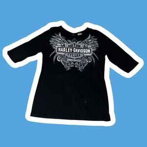 Black 3/4 Sleeve Harley Davidson Rhinestone Embellished Top with Sexy Tied back